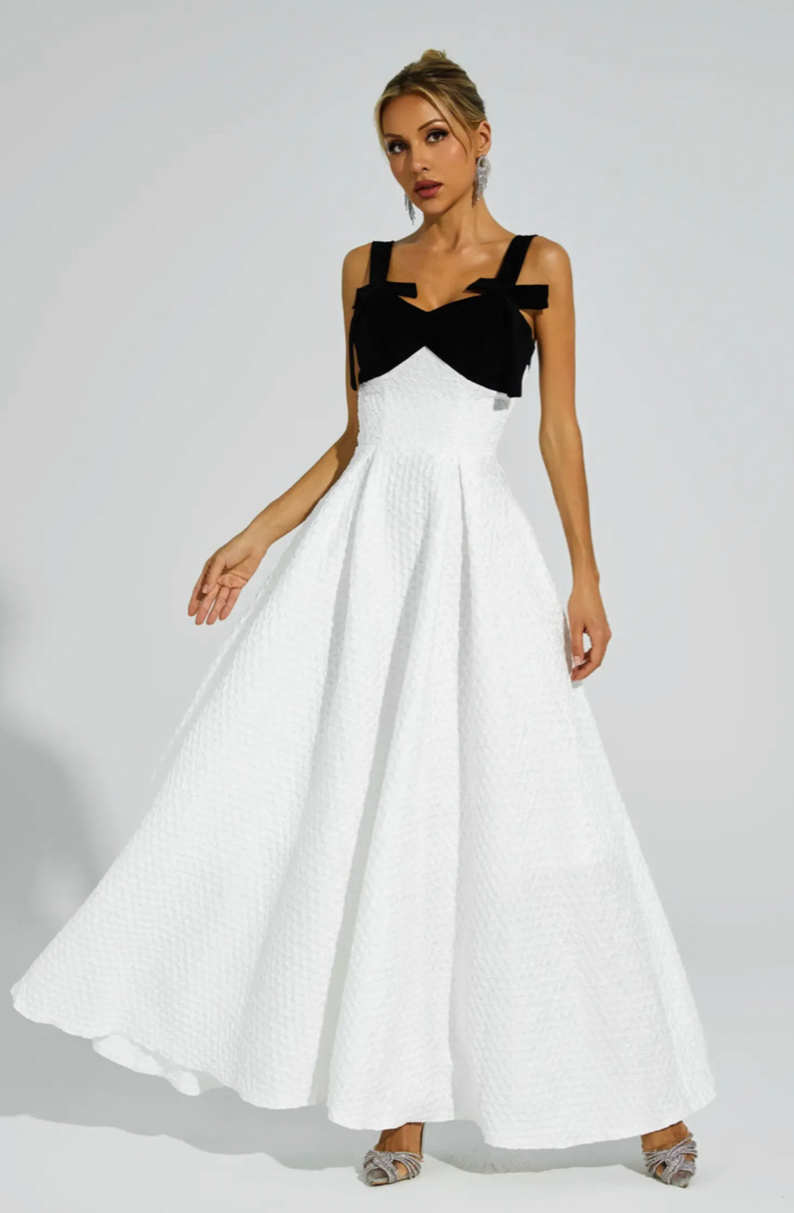 Genevieve bow tie white maxi dress