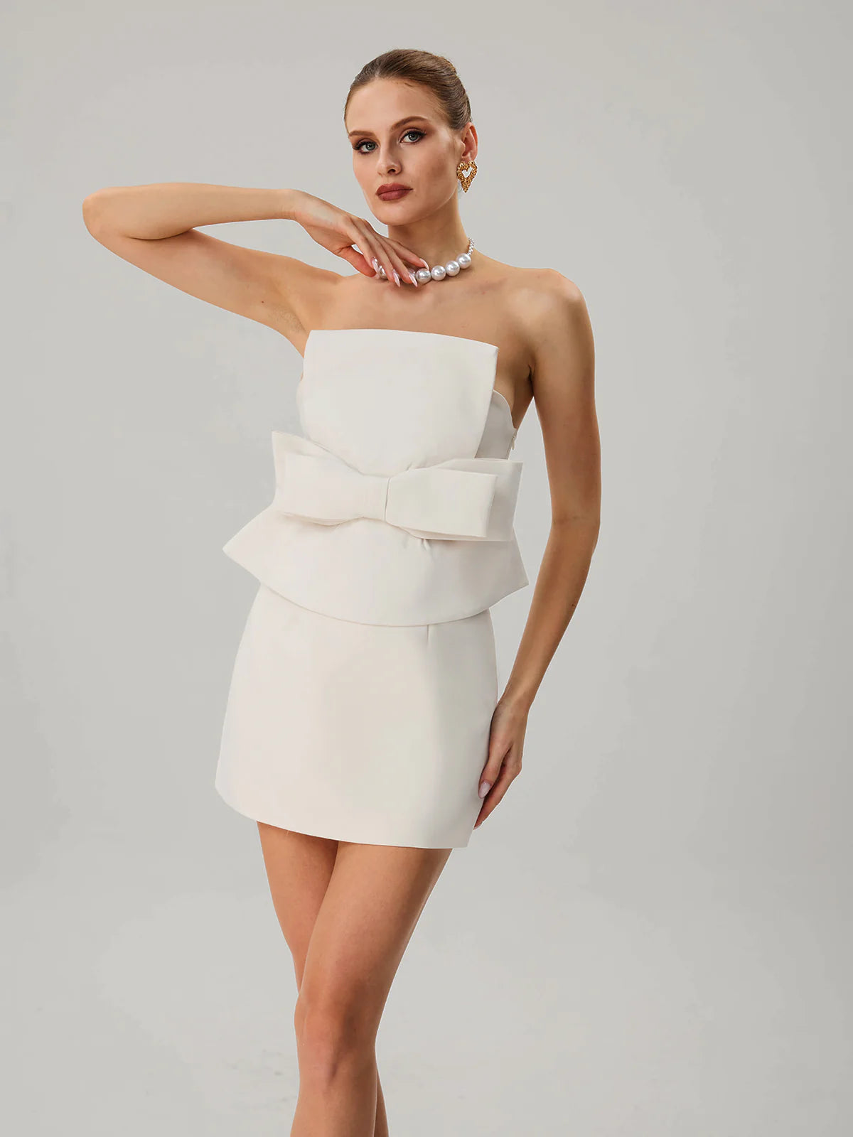 Ivory Strapless Bow Mini Dress