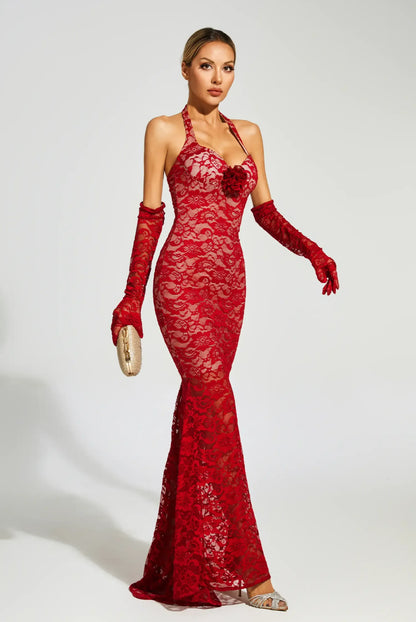 Red lace flower maxi dress