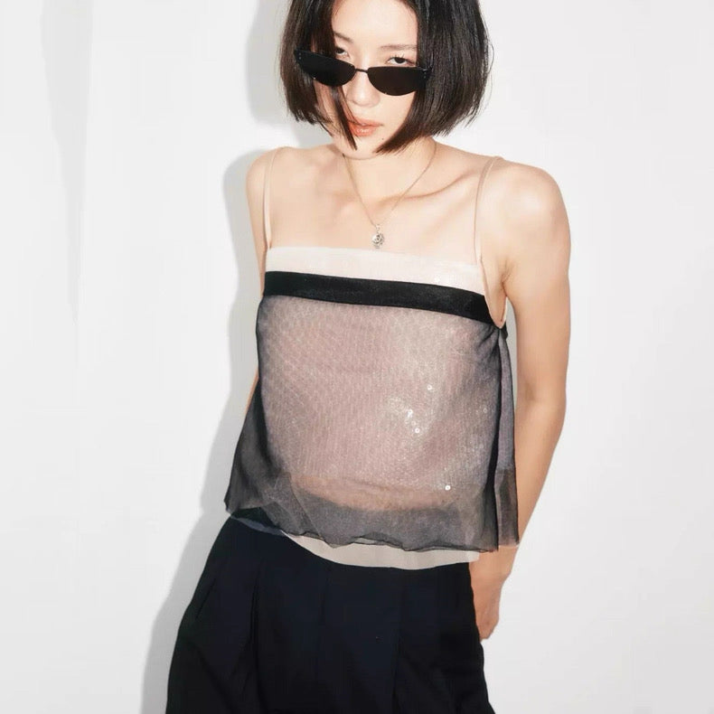 Black Iridescent Mesh Sequin Cami Top