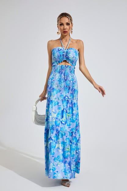 Azure Bloom Smocked Maxi Dress