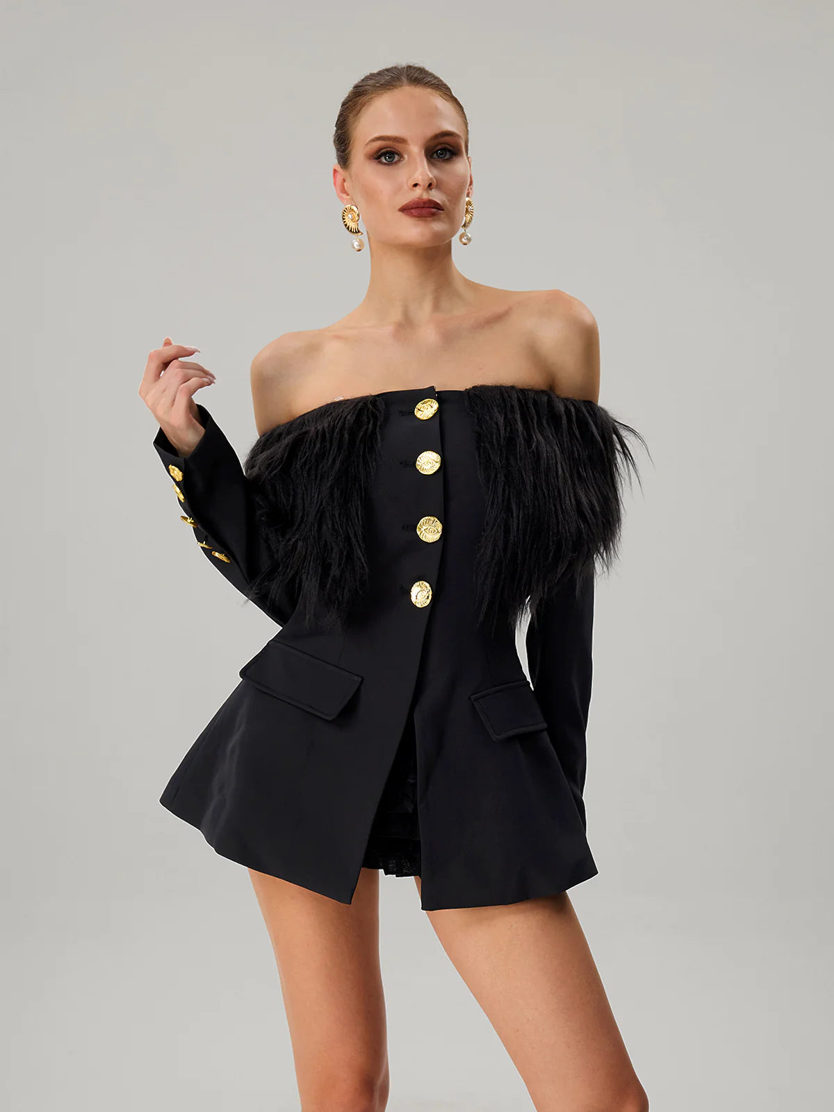 Noir Plume Off-Shoulder Blazer Dress