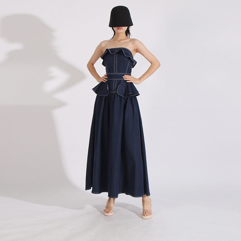 Strapless denim maxi dress