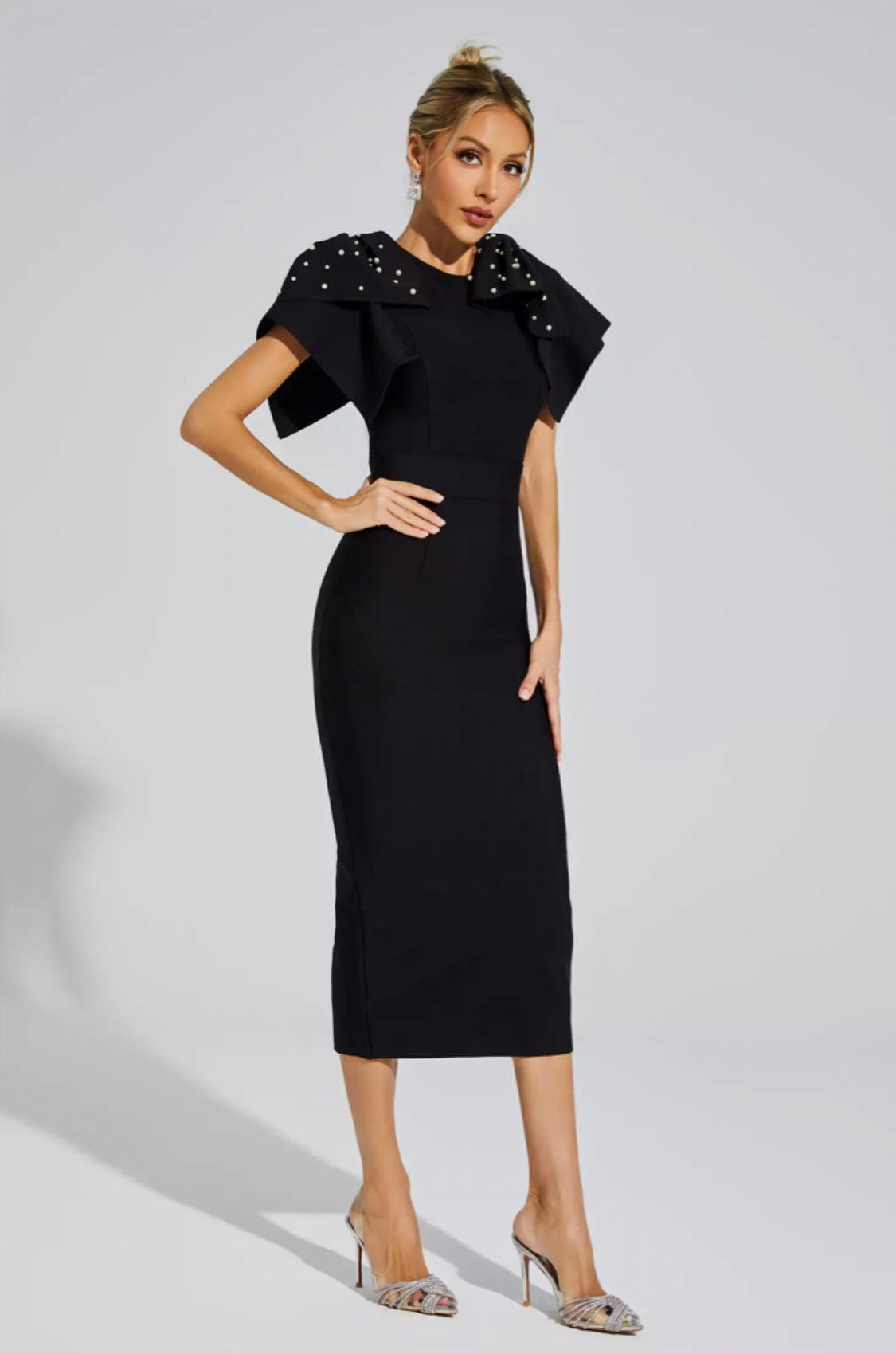 Kassidy beads embellished black midi dress