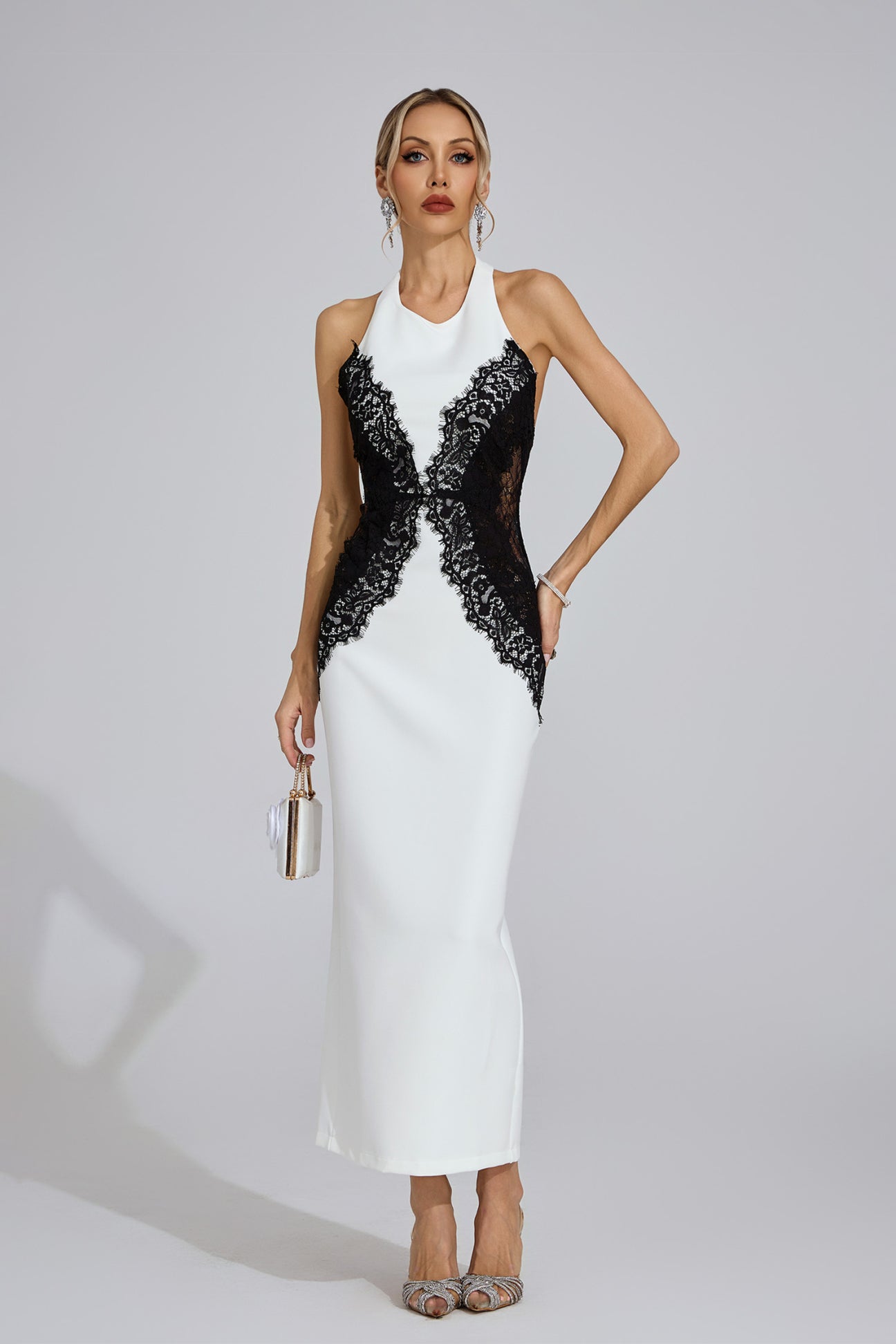 Bianca Lace-Panel Halter Midi Gown