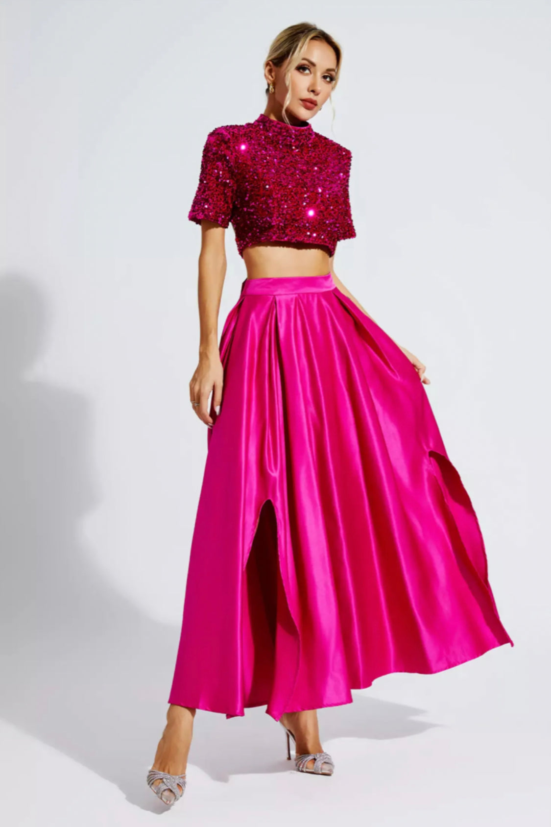 Belle pink sequin top/satin skirt set