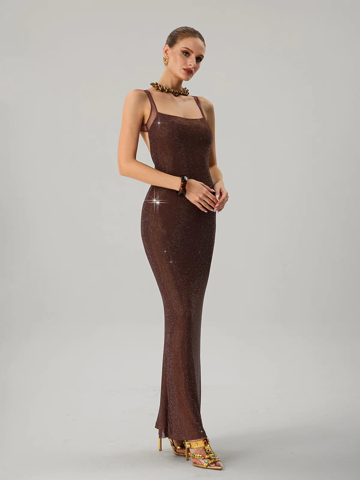 Crystal Mesh Column Gown