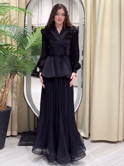 Ruffle-Shoulder Pleated Set