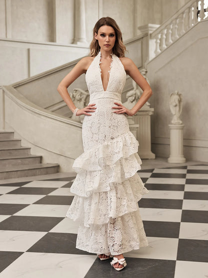 Valencia Ruffle Halter Lace Gown