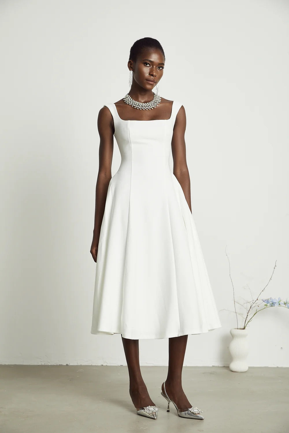 Chloe white flare midi dress