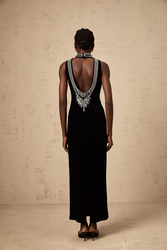 Crystal backless black maxi dress