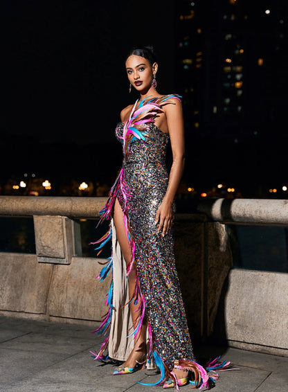 Feather|sequin maxi dress (8272080339182)