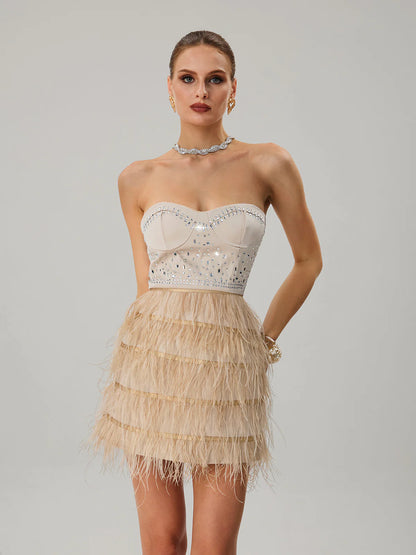 Champagne Feather Embellished Mini Dress