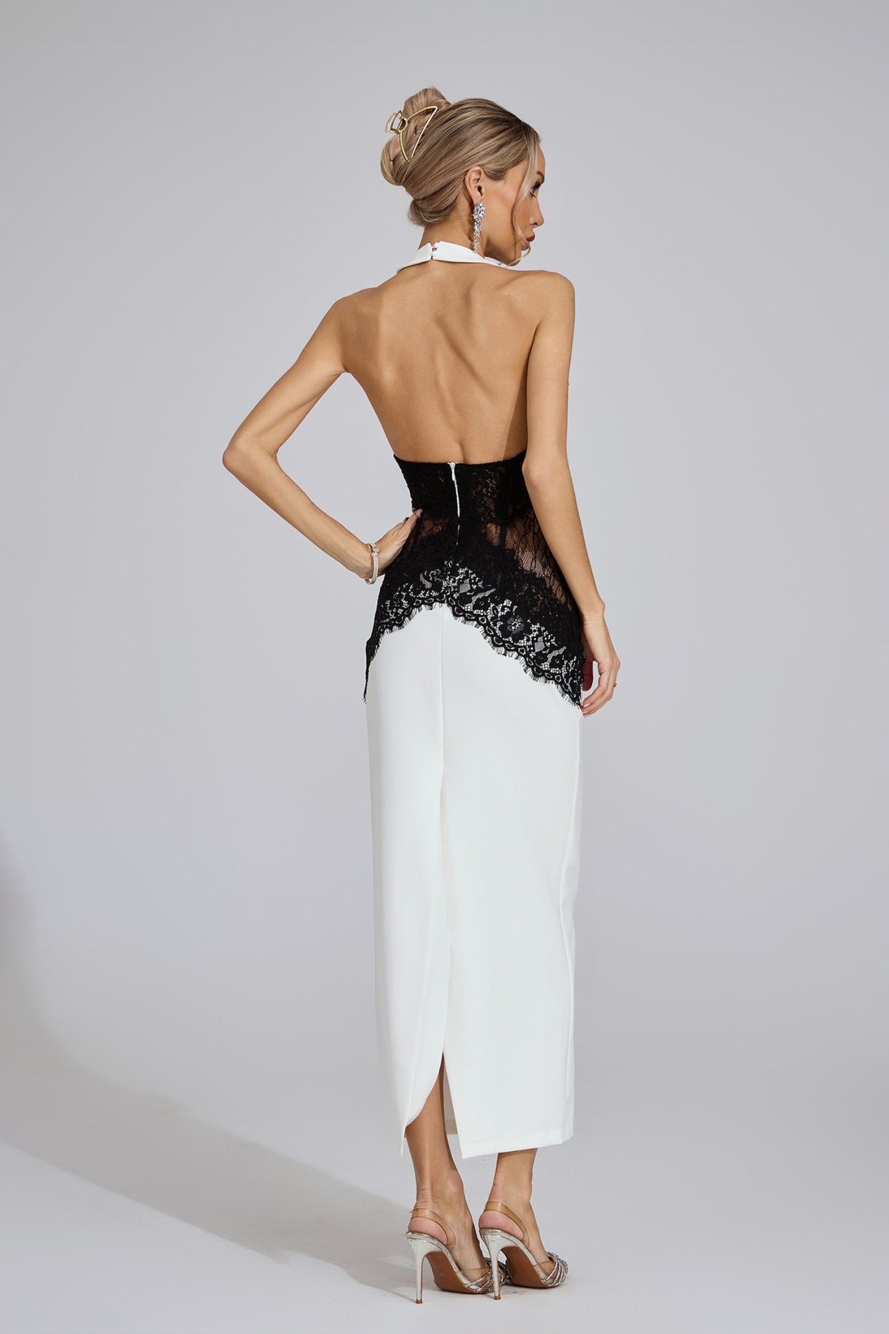 lace panelled open back midi dress TIBI Open-back asymmetric guipure lace-paneled embellished crepe midi dress