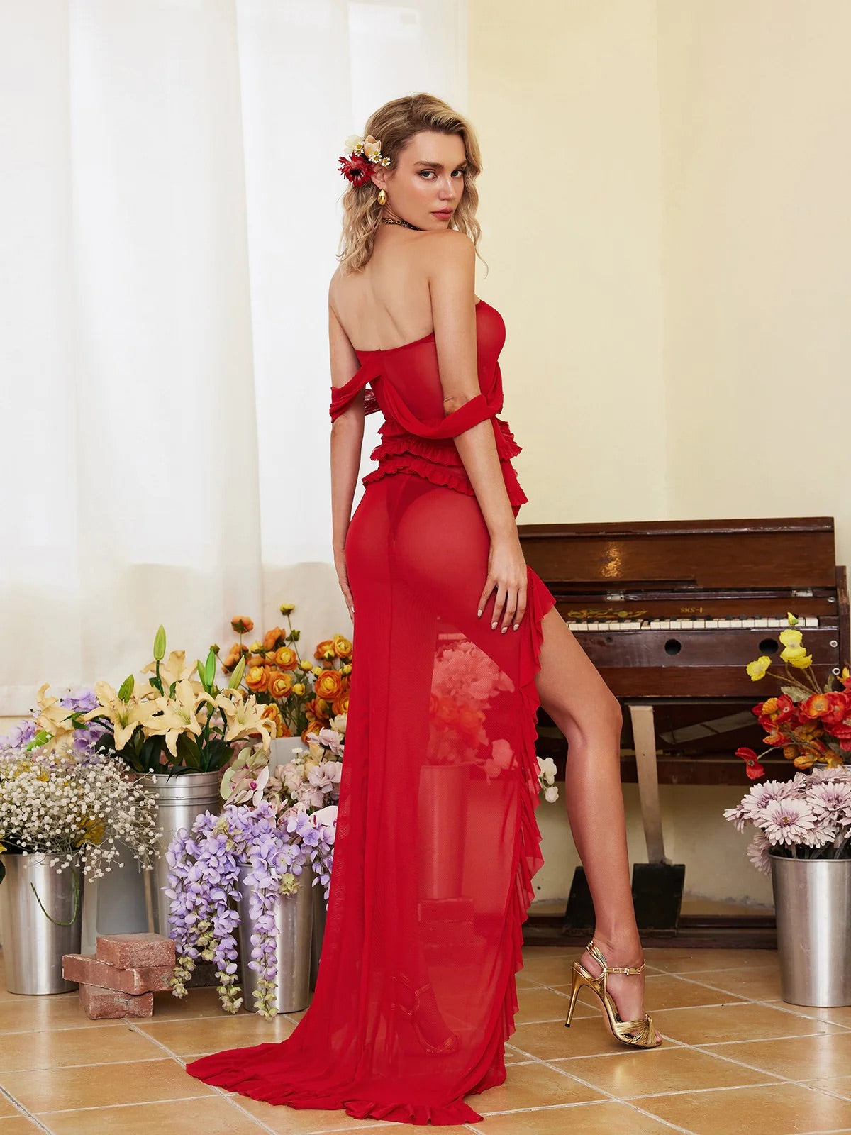 Lina flower red mesh maxi dress