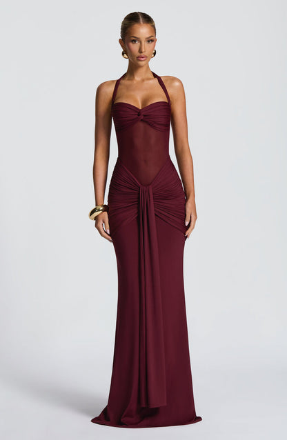 Soleil Illusion Draped Halter Gown