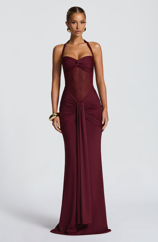 Soleil Illusion Draped Halter Gown