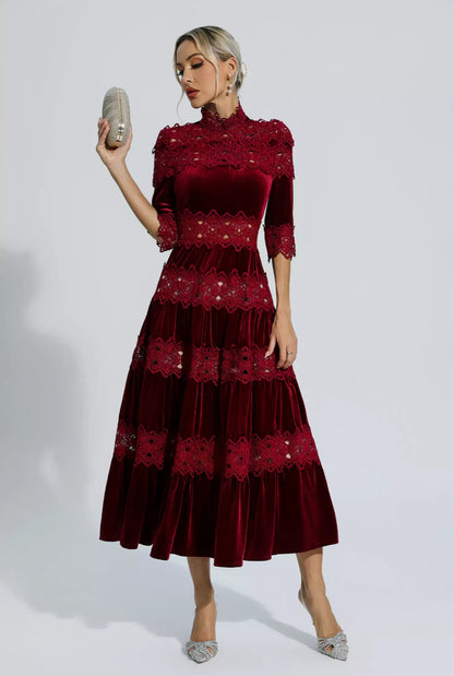 Red velvet flare maxi dress