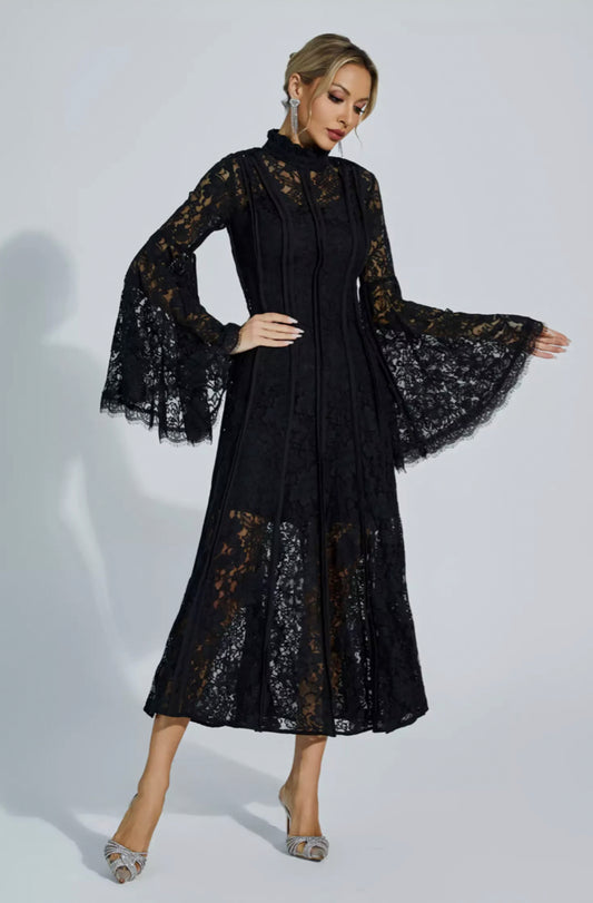 Ava black lace midi dress