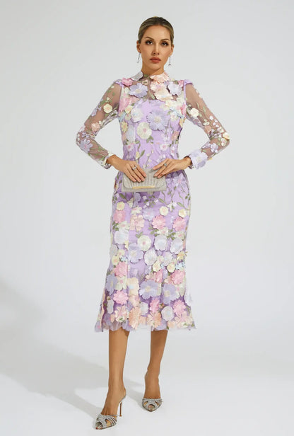 Purple flower embroidered midi dress