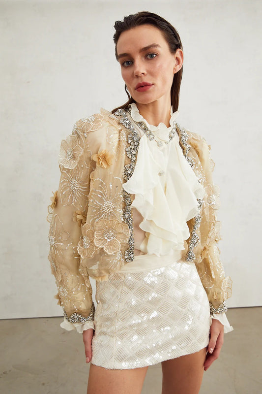 SEMI-SHEER FLOWER BEADED ORGANZA LIGHT LUXURY JACKET