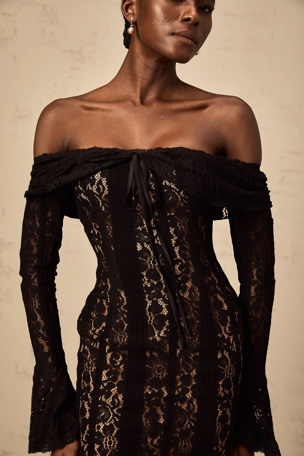 Black lace off shoulder mini dress