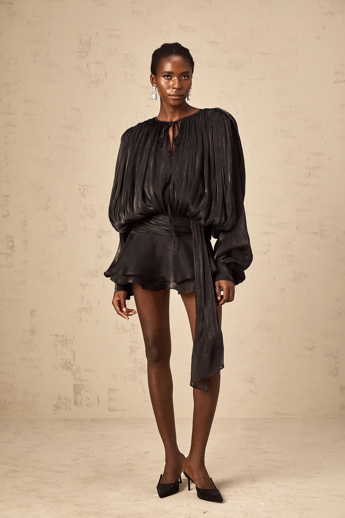 Ruffled draped black mini dress