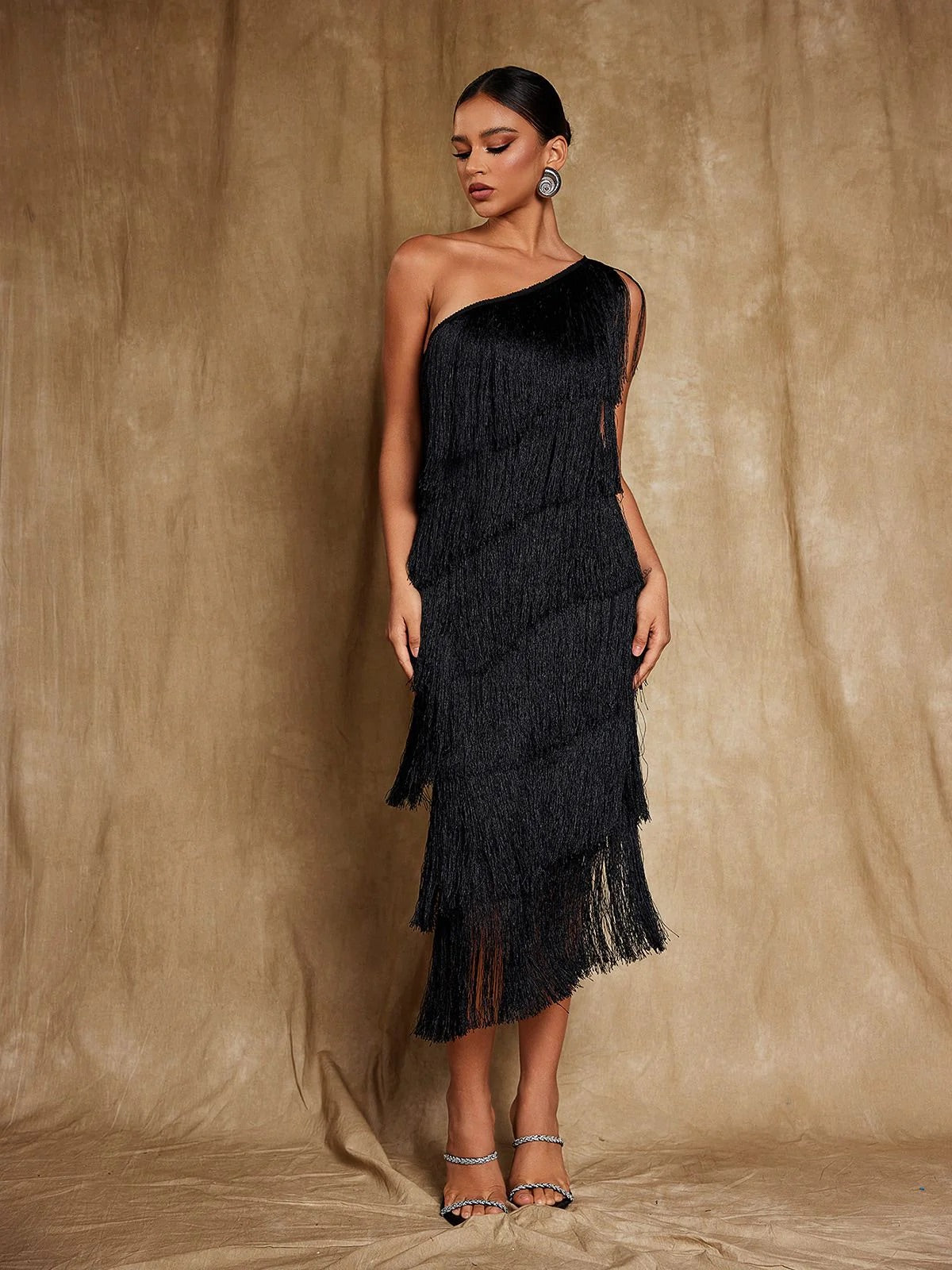 Black one shoulder fringe midi dress