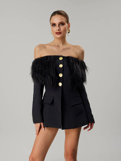 Noir Plume Off-Shoulder Blazer Dress
