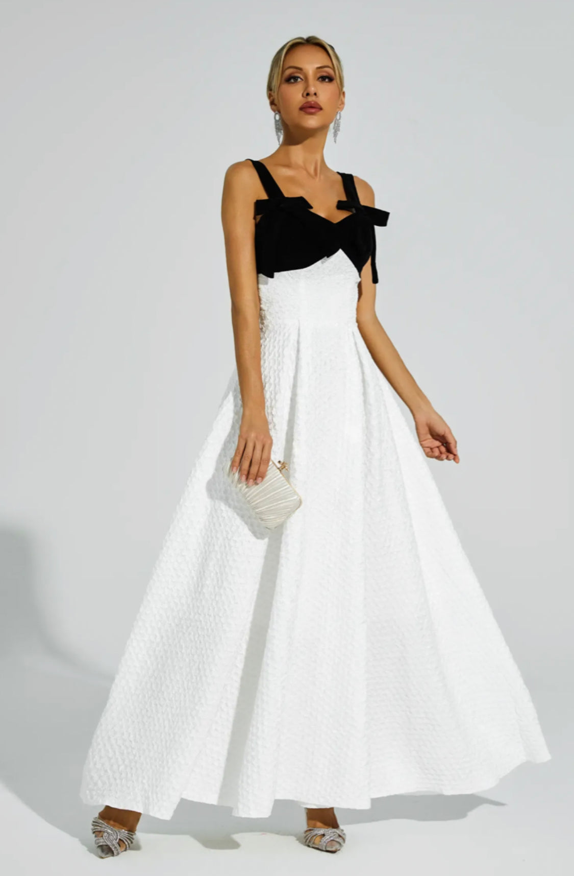 Genevieve bow tie white maxi dress