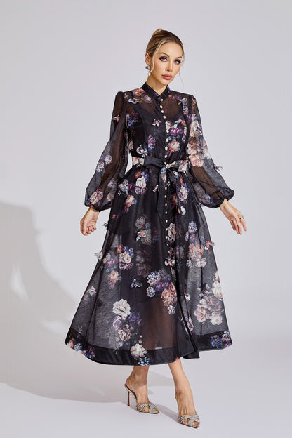Midnight Bloom Organza Maxi Dress