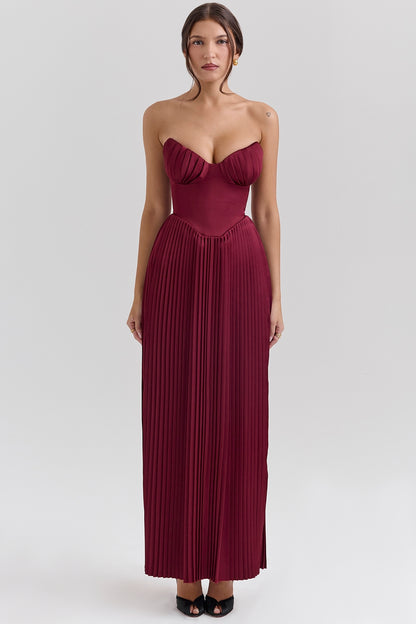 Céleste Pleated Bustier Gown - Burgundy
