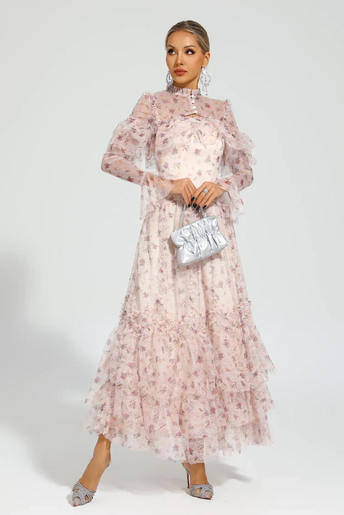 Pink mesh floral maxi dress