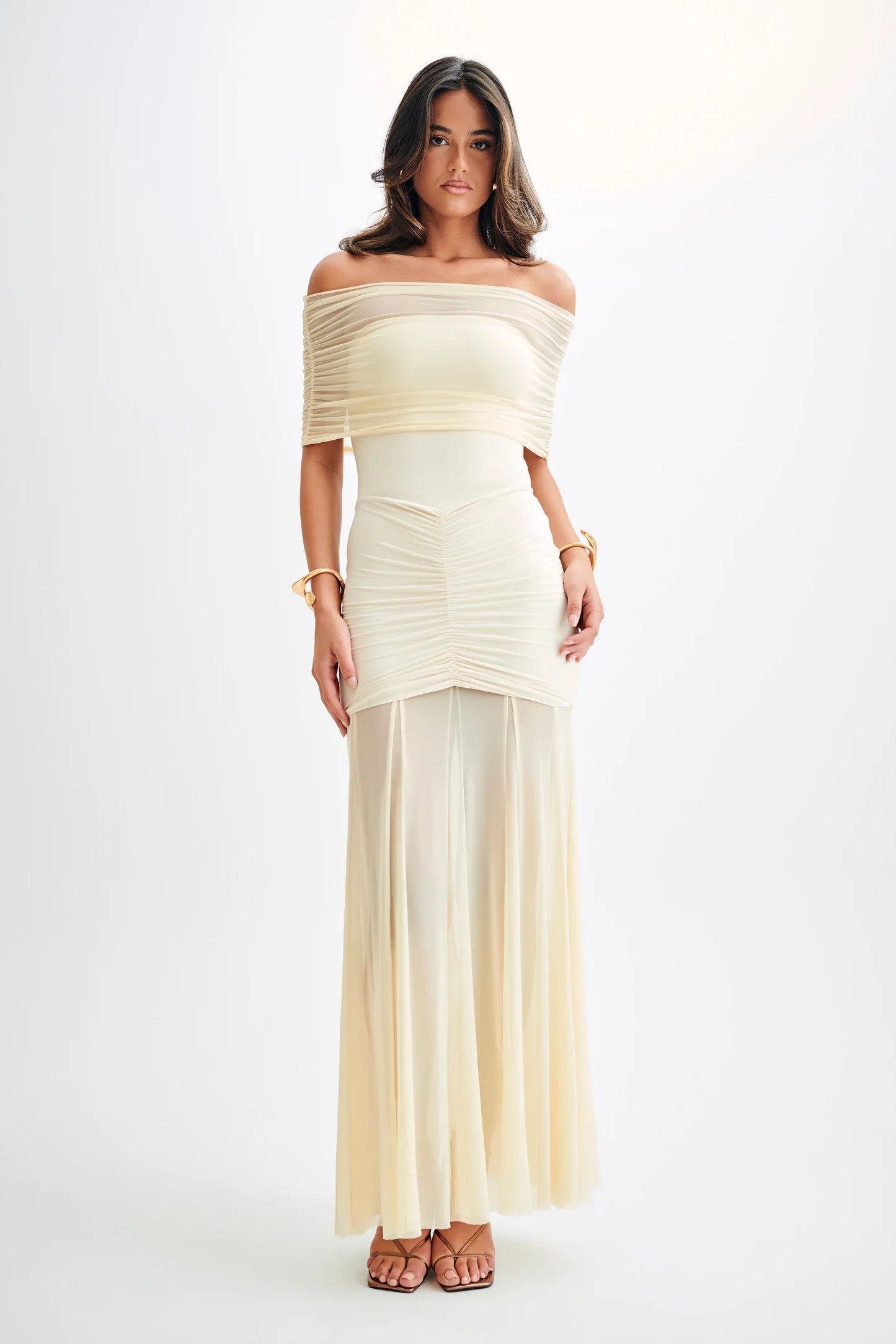Nude Beige Sheer Ruched Strapless Gown