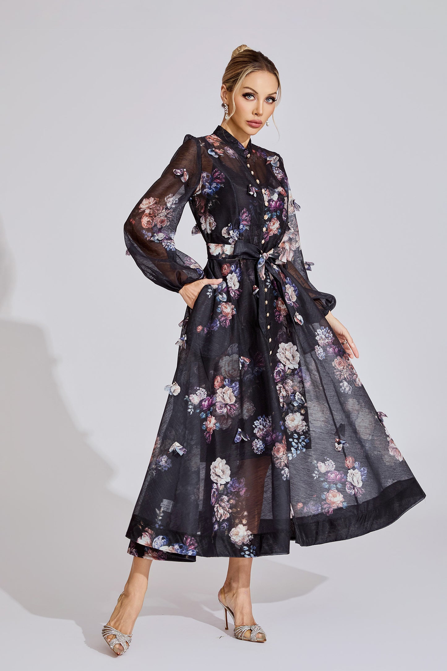 Midnight Bloom Organza Maxi Dress