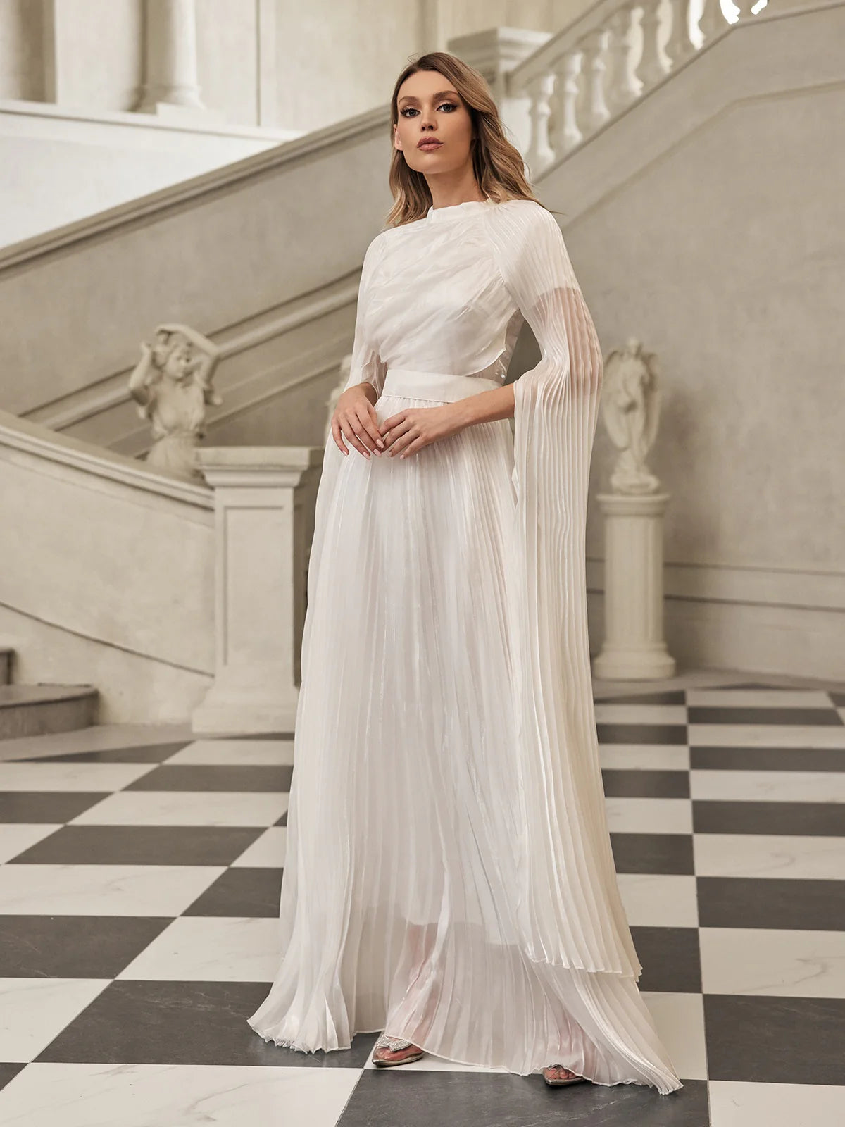 Celeste Pleated Wing-Sleeve Gown
