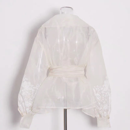 Semi Sheer Embroidered Wrap Blouse – Ivory