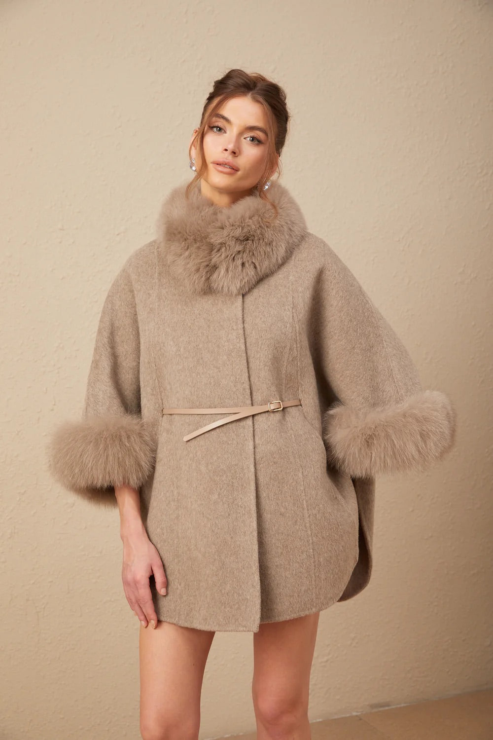 Wool belts fur cape coat