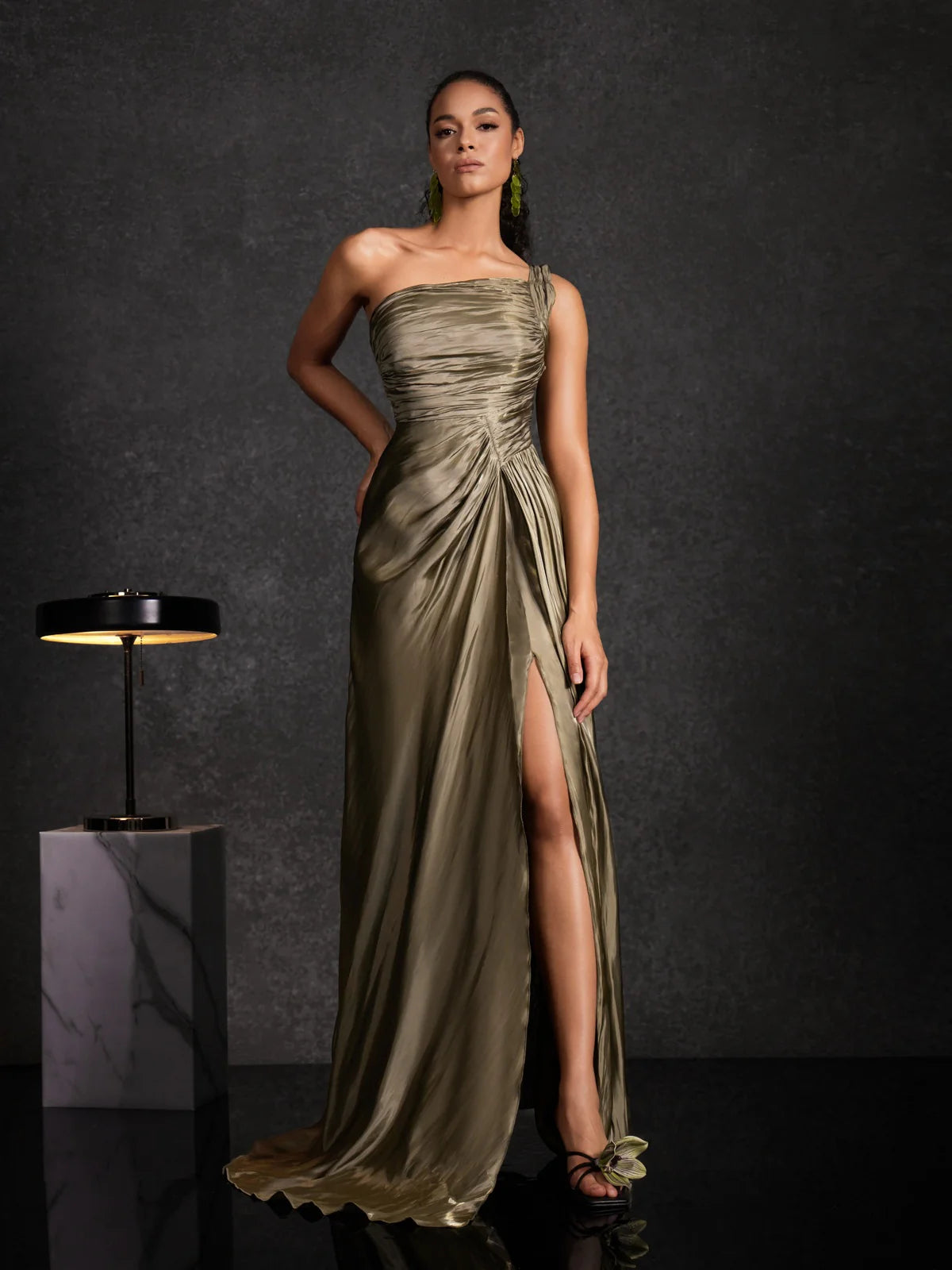 Olive One-Shoulder Satin Gown
