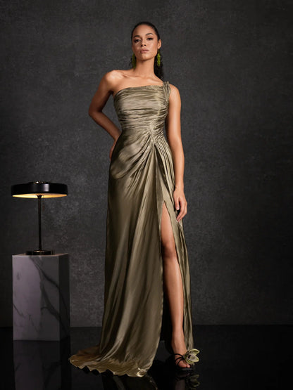 Olive One-Shoulder Satin Gown
