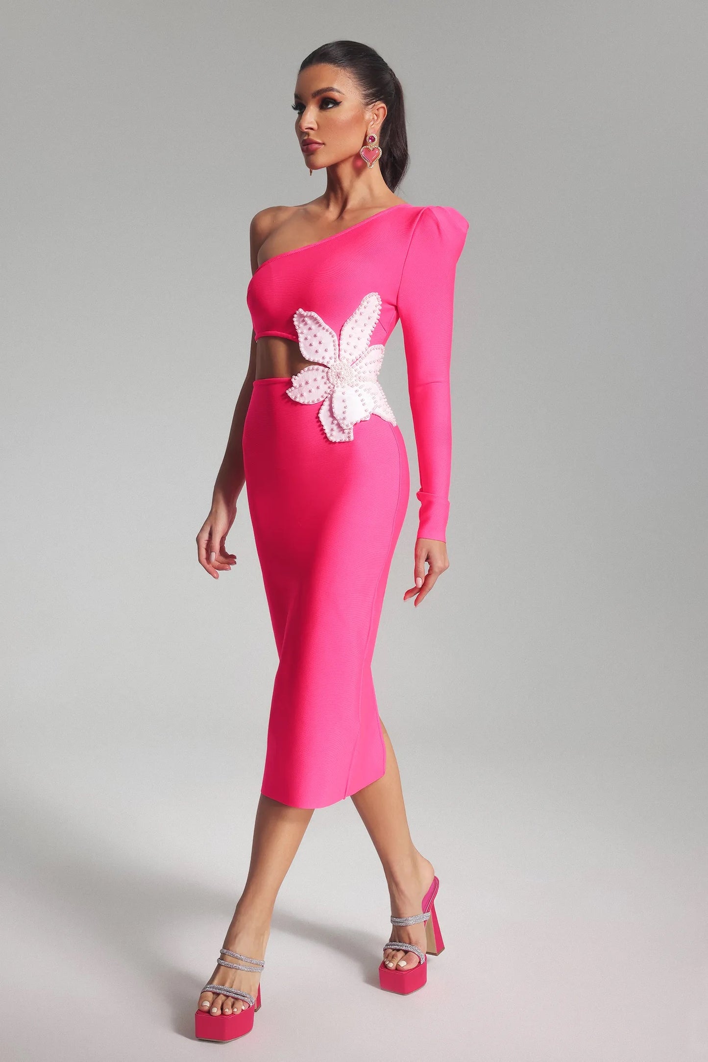 Pearl Flower pink midi dress (8307464044782)