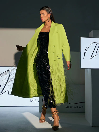 Neon green crystal fringe blazer coat (8293490622702)