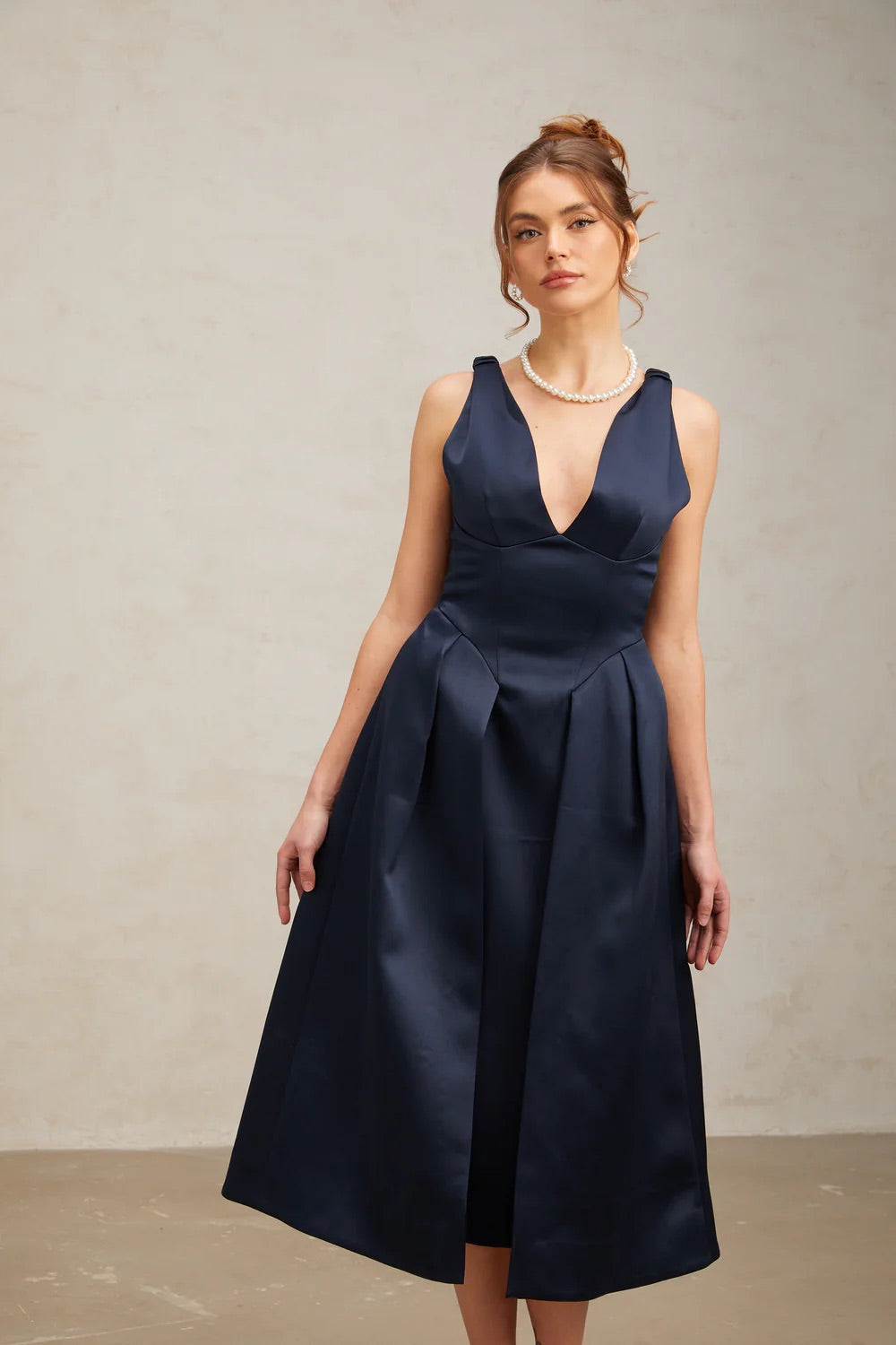 Dark blue satin midi dress