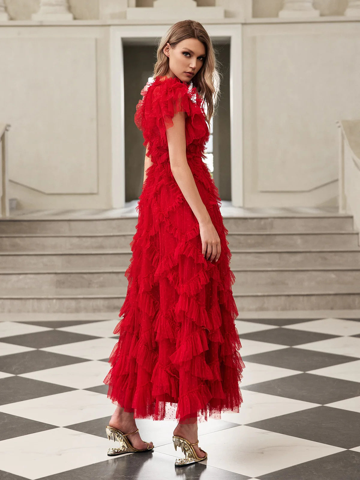 Red short sleeves mesh midi dress