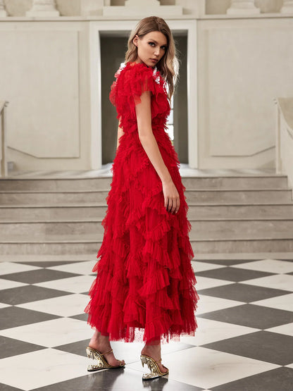 Red short sleeves mesh midi dress