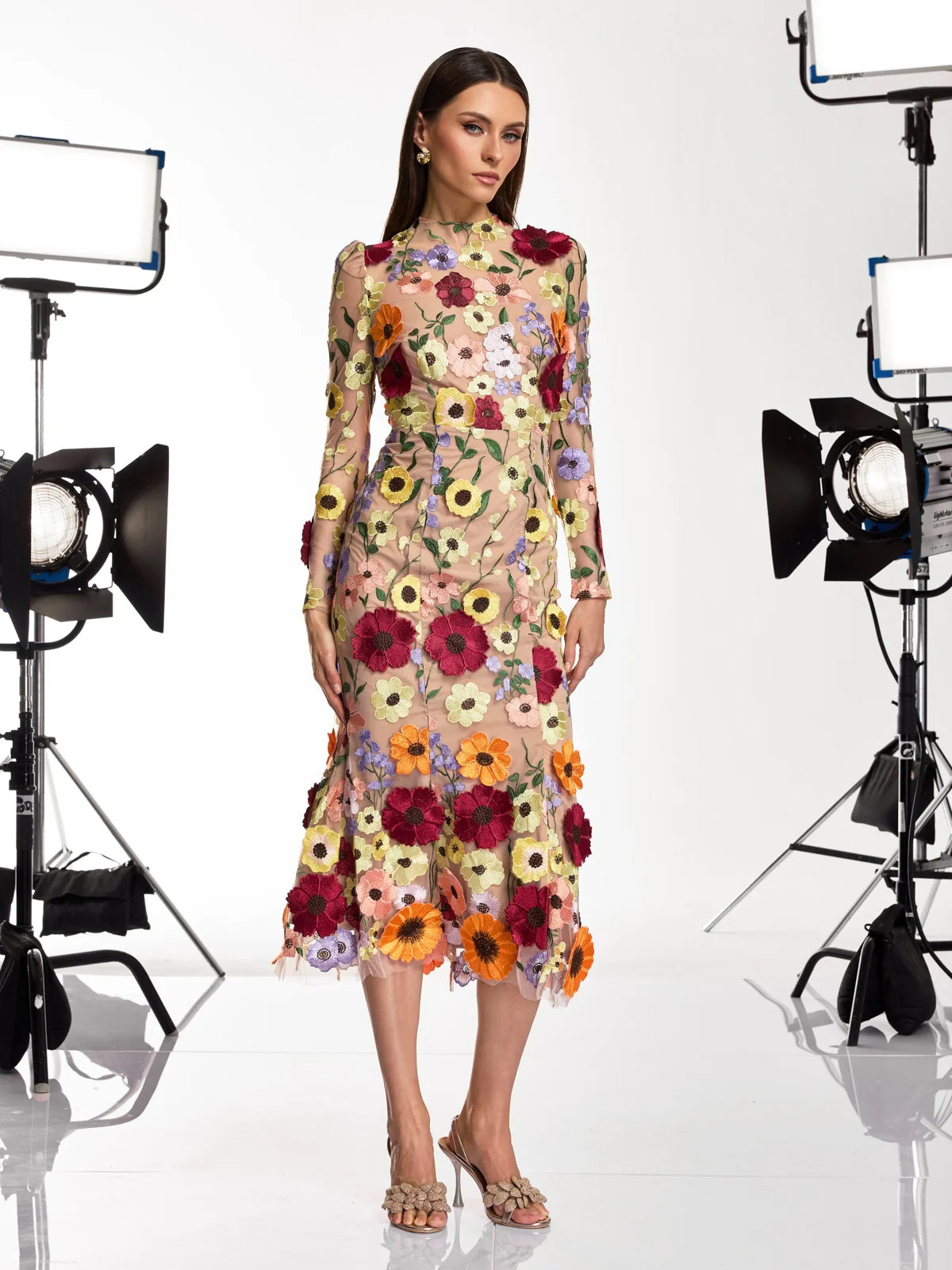 Soleil Bloom Flower Embroidered Midi Dress