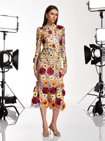 Soleil Bloom Flower Embroidered Midi Dress