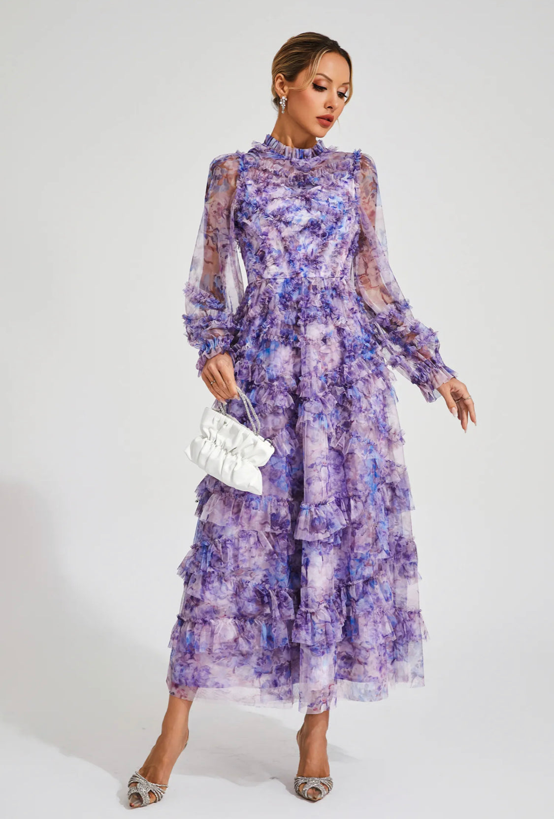 Floral purple mesh midi dress (Preorder)