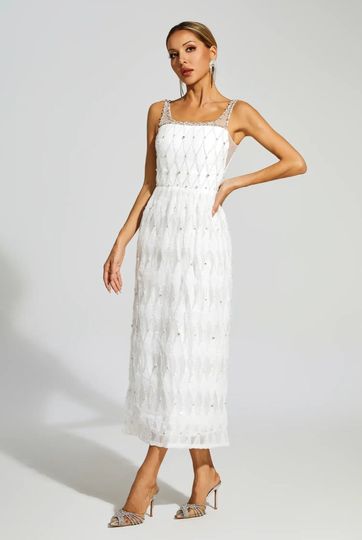 Crystal beads embellished white maxi dress