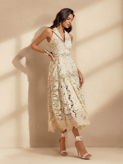 Pastel Bloom Lace Midi Dres